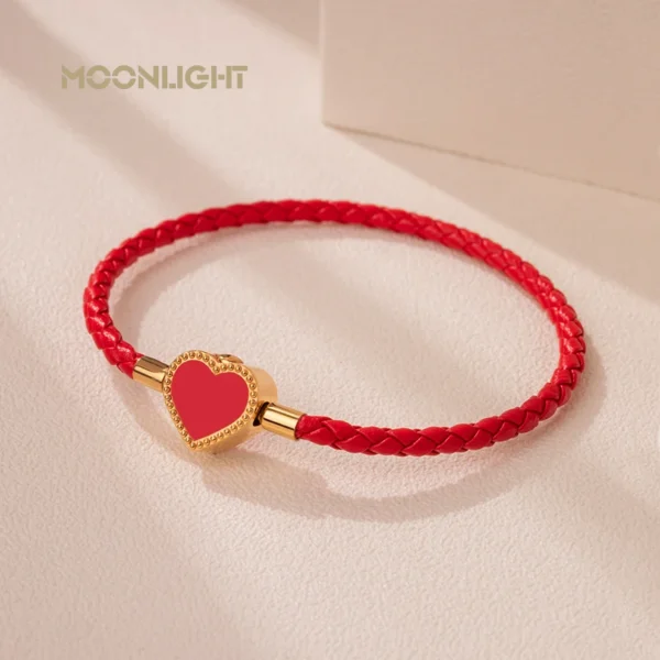 MOONLIGHT Fashion Jewelry Heart Shape Bracelets For Women Pink Red Genuine Braided Leather Bracelet Wedding Party Jewelry Gift - Image 2