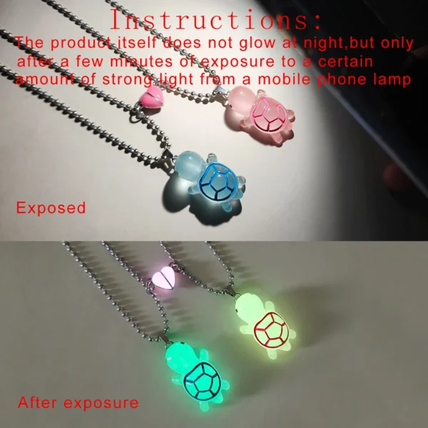 2 pieces/set Luminous pink peach heart glow-in-the-dark turtle couple necklace ladies fashion gift jewelry - Image 6