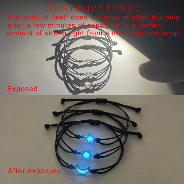 3 pieces/set of stainless steel luminous Sun Moon Star bracelet hand-woven fashion rope - Image 5