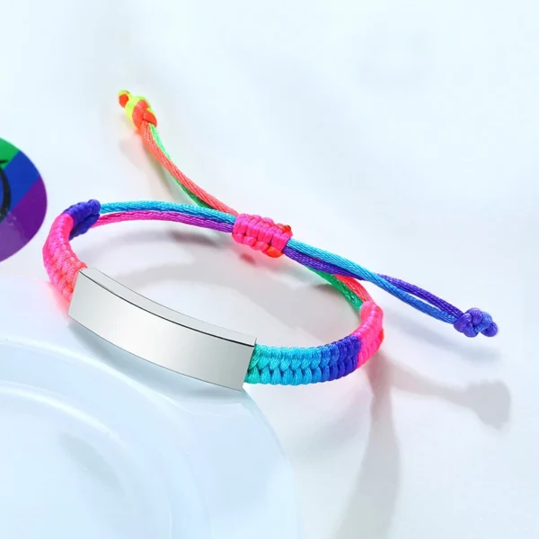 Vnox Adjustable Customize Name Emergency Contact Bracelets for Girls Boy Handmade Braided Rainbow Colorful Rope Girls Boy Bangle - Image 3