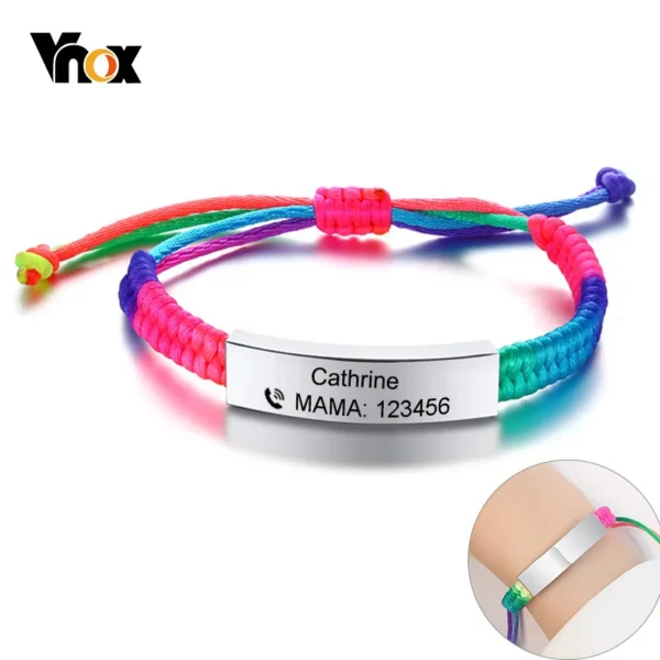 Vnox Adjustable Customize Name Emergency Contact Bracelets for Girls Boy Handmade Braided Rainbow Colorful Rope Girls Boy Bangle